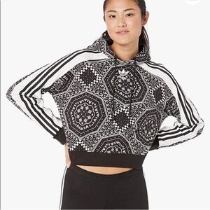 Adidas Kaleidoscope Black & White Bandana Print Cropped Hoodie, Small